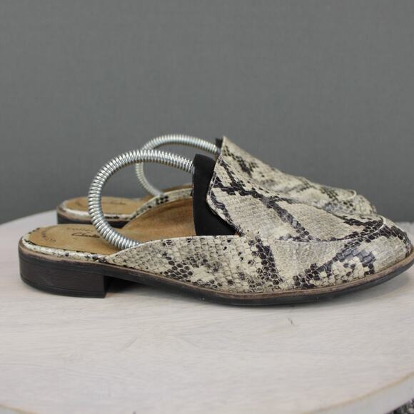 Clarks Shoes - Clarks Slip On Mules Womens 8.5 Beige Leather Snake Print